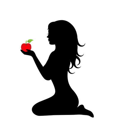 silhouette of a woman holding an apple in her hand the fruit of knowledge and temptationのイラスト素材
