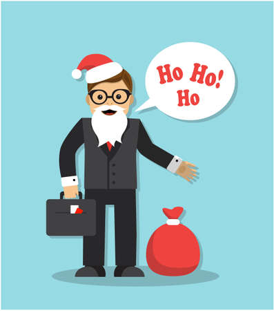businessman with santa claus beard sack stands and celebrates new year in the officeのイラスト素材