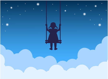silhouette of a child sitting on a swing above the cloudsのイラスト素材