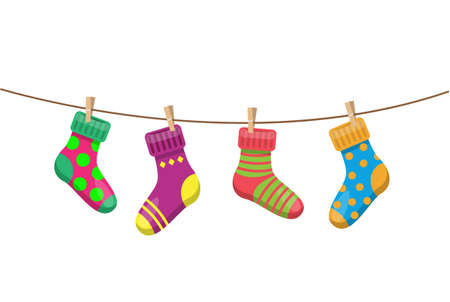 bright multicolored socks with clothespins hang on a clotheslineのイラスト素材