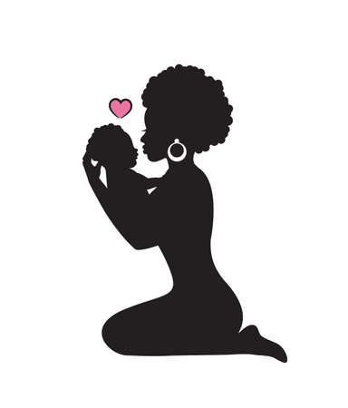 silhouette african woman sitting on her knees and holding a small child in her armsのイラスト素材