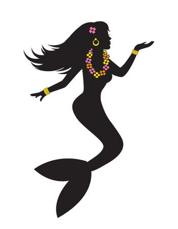 black silhouette of a graceful mermaid with a wreath of flowers on a white backgroundのイラスト素材