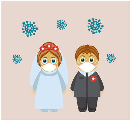 cute couple bride and groom wearing masks and virus flying aroundのイラスト素材