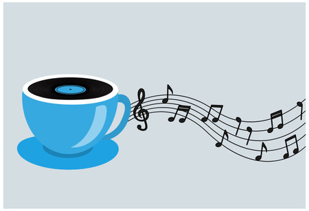 a cup of coffee or tea with a musical record and notesのイラスト素材