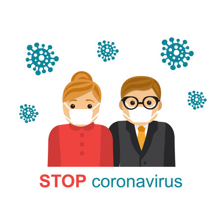 couple people family wearing masks and the virus aroundのイラスト素材