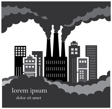 Environmental pollution and harmful emissions into the air and modern city with a factory and black smoke coming from the chimneysのイラスト素材