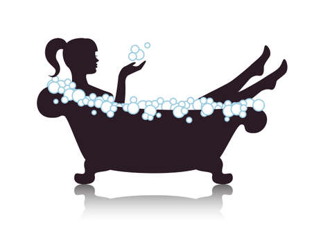 silhouette graceful beautiful woman takes a bath with foam on a white backgroundのイラスト素材