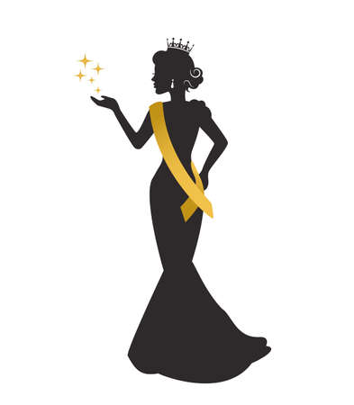 graceful silhouette of a beautiful woman in a crown, a sweater's ribbon and a long dress at a beauty pageantのイラスト素材