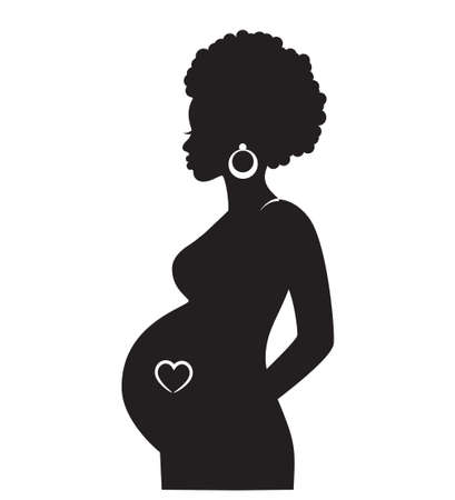 graceful silhouette of african pregnant woman with heartのイラスト素材