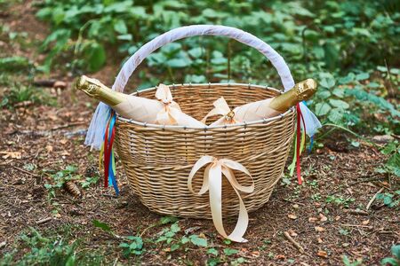 Romantic picnic, beautiful composition out of wicker basket with colored satin ribbons with two decorated bottles of champagne in forest background.の写真素材