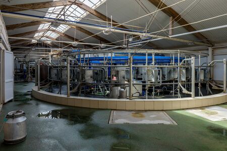 Automatic milking system equipment in the milking parlour. Robotic milk rotary system for dairy industry in the farm.の写真素材
