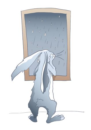 Rabbit by the window in rainy weatherのイラスト素材