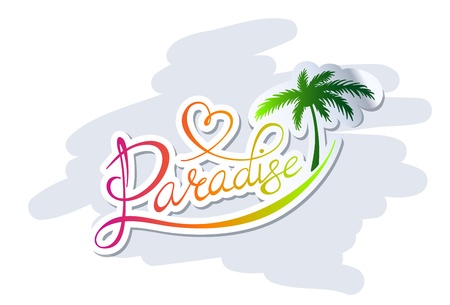 Handwritten calligraphic Paradise logo with palm silhouetteのイラスト素材