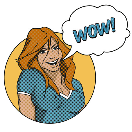 Smiling Popart Young Pretty Woman With Comic Bubbleのイラスト素材
