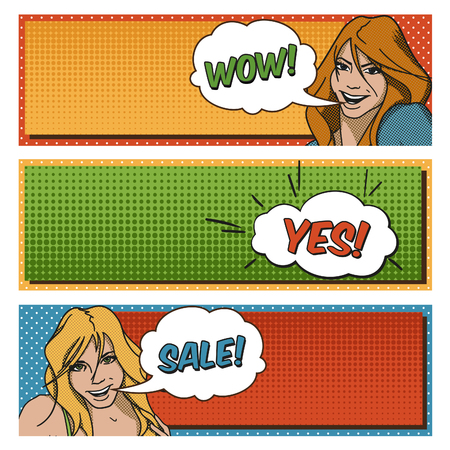 Set Of Colorful Pop-Art Banners With Young Womenのイラスト素材