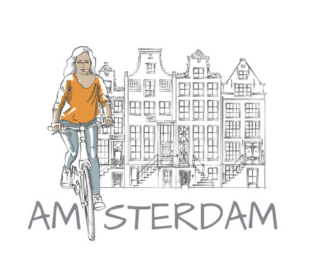 Riding Young Woman at Amsterdam View Hand Drawn Sketchのイラスト素材