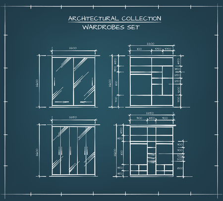 Architectural collection. Professional Set of Wardrobes And Closers Technical Drawingsのイラスト素材