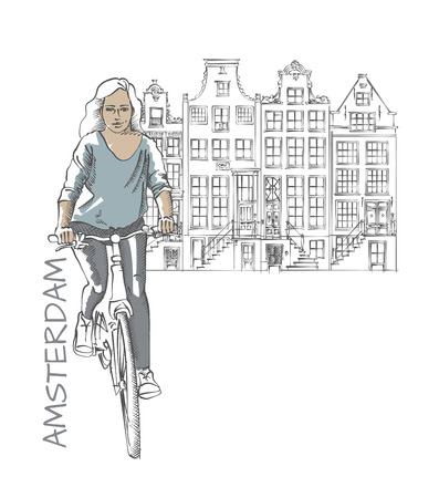Riding Young Woman at Amsterdam View Hand Drawn Sketchのイラスト素材