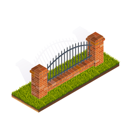 Vector Color Isometric Illustration Of Brick Fence For Ui, Gui, Games Interfacesのイラスト素材