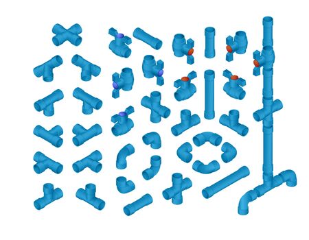 Vector Professional Set Of PVC Plumbing Elements For Cold Water. Full Isometric Views Collection