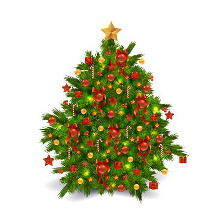 Bright Colorful Photorealistic Traditional Decorated Christmas Tree Isolated On Whiteのイラスト素材
