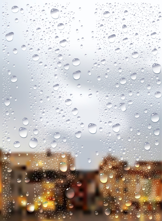 Vector Photo Realistic Image Of Raindrops Trough Window Glass At Night In The Cityのイラスト素材