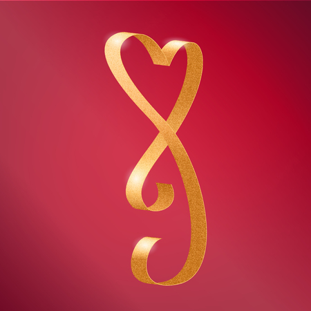 Vector Photorealistic Heart Shape Luxury Glamour Golden Ribbon For Valentines Day Cards Decoration On Pink Backgroundのイラスト素材