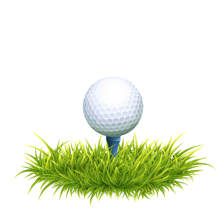 Vector Photo Realistic Illustration Of White Golf Ball And Tee In The Green Grass. Close Up View.のイラスト素材