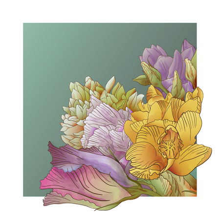 Vector Floral Backdrop. Watercolor Style. Bouquet With Roses, Jacinth, Crocus and Narcissusのイラスト素材