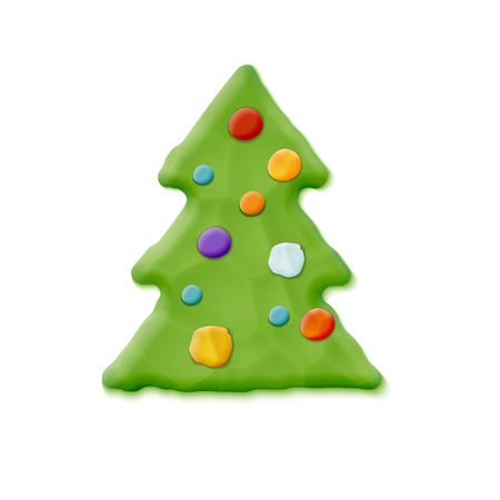 Vector Hand Made Realistic Christmas Tree With Color Balls. Plasticine Clay Texture のイラスト素材