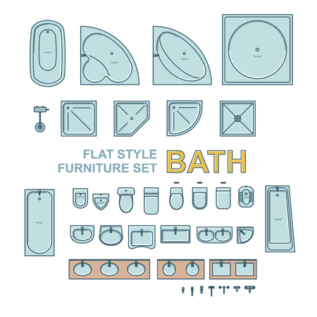 Showers, Toilets, Sinks And Bath Equipment Flat Style Set isolated on plain backgroundのイラスト素材