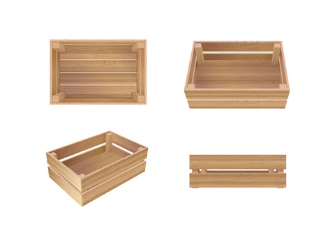 Vector Photo Realistic Empty Wooden Crates Isolated On White. Top, Front And Perspective Viewsのイラスト素材