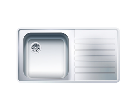 Single Bowl Stainless Steel Sink With Drainer. Vector Photo Realistic Illustration Isolated On Whiteのイラスト素材