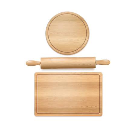 Wooden Cutting Boards and Rolling Pill Isolated On White. Vector Photo Realistic Baking Background. Place Your Textのイラスト素材
