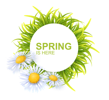 Spring Round Banner With Green 3d Photo Realistic Grass And Flowers. Spring Is Here Vector Illustrationのイラスト素材