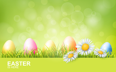 Painted Easter Eggs, Green Fresh Grass And Spring Flowers. Realistic Vector Backgroundのイラスト素材
