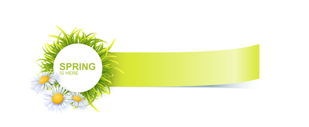Spring Bright Banner With Green 3d Photo Realistic Grass And Flowers. Spring Is Here Vector Illustrationのイラスト素材