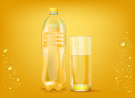Transparent Orange Juice Plastic Bottle And Slightly Glass Background. 3d Photo Realistic Vector Illustrationのイラスト素材