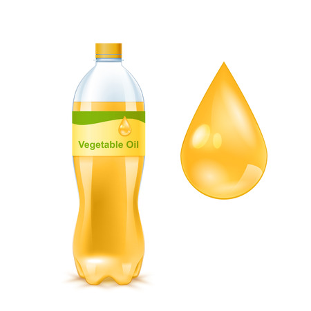 Golden Vegetable Oil In The Plastic Bottle And Oil Drop. Vector 3d Photo Realistic Mockup Isolated On White Backgroundのイラスト素材