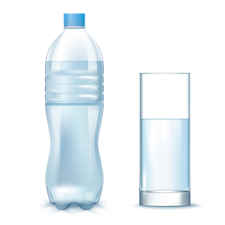 Transparent Clean Water In The Plastic Bottle And Glass. Vector 3d Photo Realistic Mock Up Isolated On White Backgroundのイラスト素材