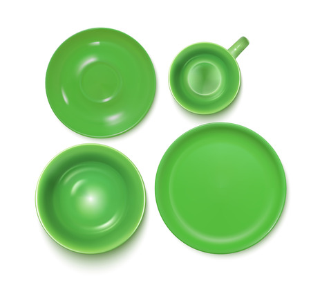 Green Service Set: Plate, Soup-plate, Cup And Soucer. Top View. Vector Photo Realistic Illustration Isolated On Whiteのイラスト素材