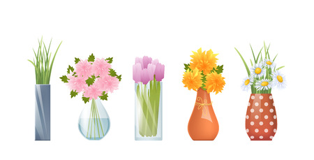 Vector Illustration Of Cartoon Vases And Flowers Isolated On Whiteのイラスト素材