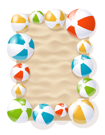 Colorful Inflatable Beach Balls On The Sand Background. 3d Photo Realistic Vector Illustrationのイラスト素材