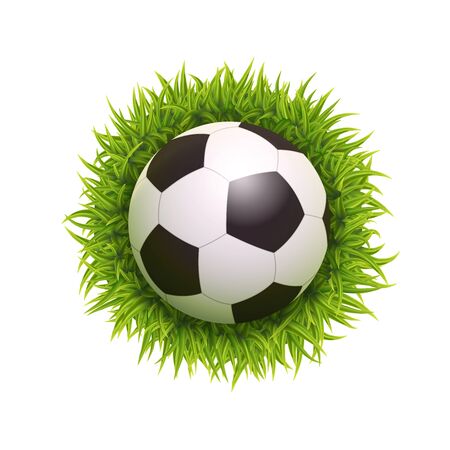 3d Vector Photo Realistic Soccer Ball On Green Grass Illustration Isolated On White Background. Top View. Flyer, Invitation Or Icon Templateのイラスト素材