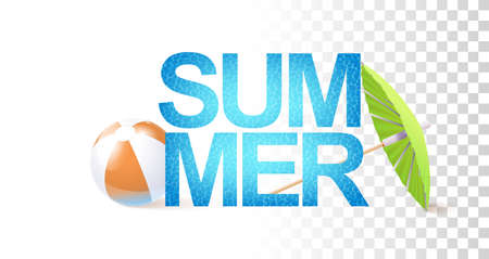 Bright Summer Sign Template With Photo Realistic Inflatable Ball, Water Texture And Umbrella.のイラスト素材