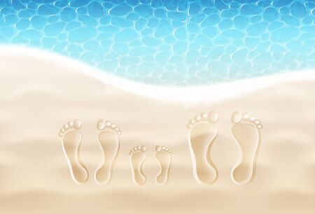 Mom, Dad And Kid Footprints On The Sand Beach Near The Sea Surf. Summer Vacation Family Concept. Vector Realistic Illustration. Top Viewのイラスト素材
