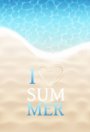 I Love Summer Sign On Sand Beach And Sea Water Background. Vector Photo Realistic Illustration. Top Viewのイラスト素材