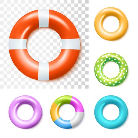 Set Of Colorful Inflatable Rubber Rings. Vector Photo Realistic Illustration. Top Viewのイラスト素材