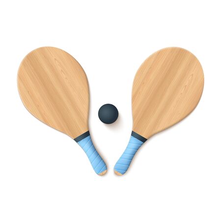 Wooden Beach Bats And Ball Isolated On White. Vector Photo Realistic llustrationのイラスト素材