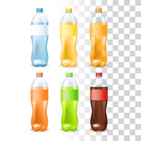 Set Of Soft Drinks In The Plastic Bottles With Label Templates On Transparent Background. Water, Juice, Soda, Cola. 3d Photo Realistic Vector Illustrationのイラスト素材